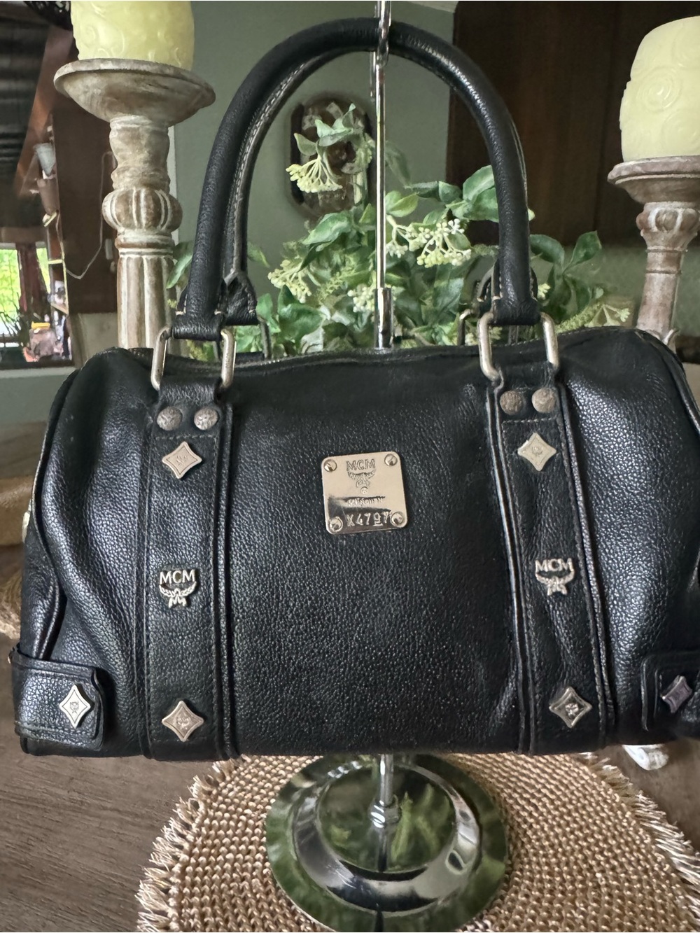 MCM Black Leather Satchel with Gold Hardware